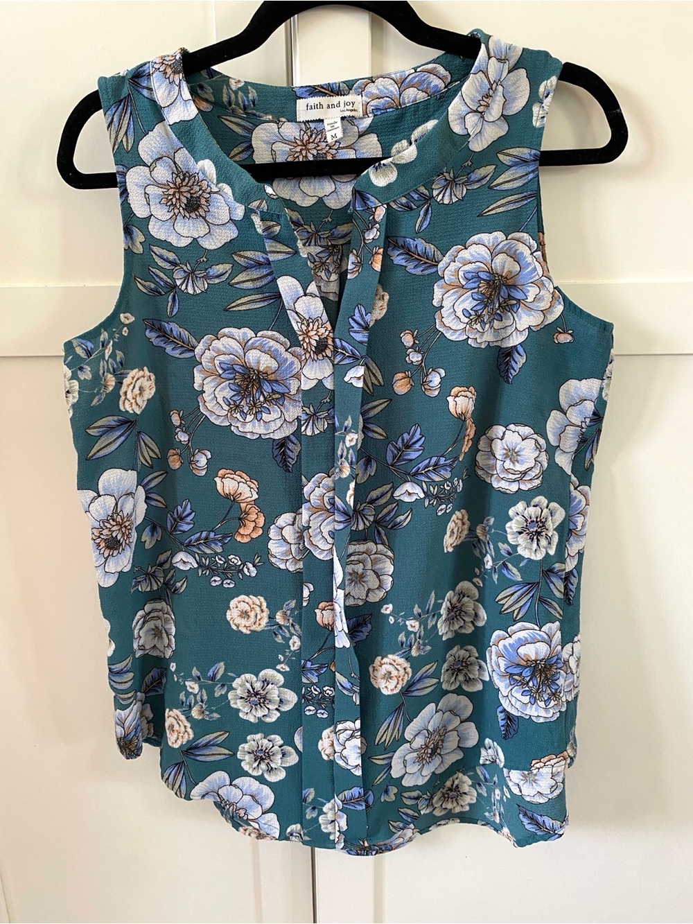 Faith and Joy Teal Floral Feminine Sleeveless Blouse Summer Top Size M